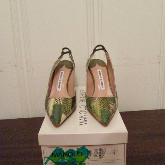 Manolo Blahnik NWOT Green Snakeskin Patchwork Stilettos 6 1/2B - Picture 1 of 9